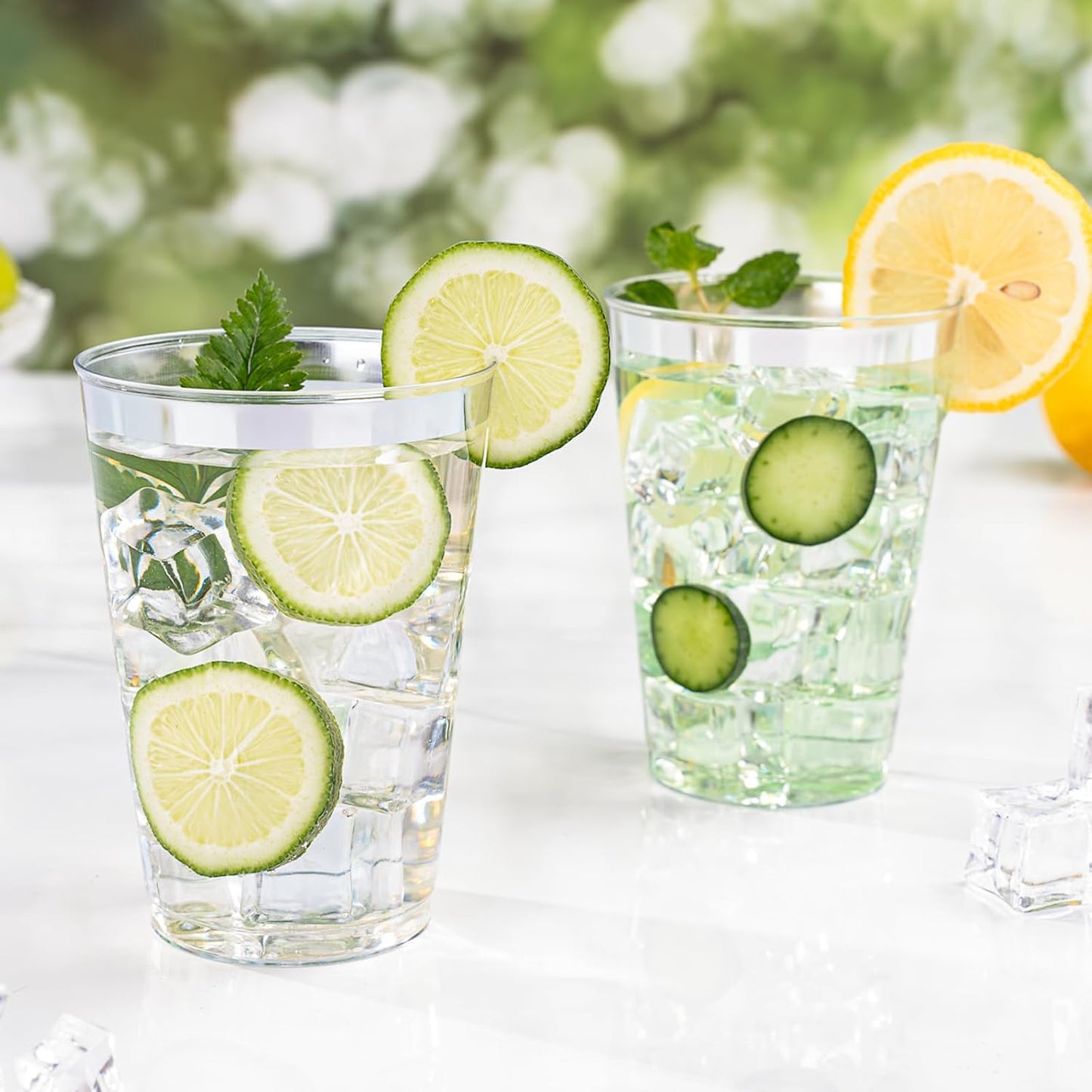 BESTVIP 12oz Silver Plastic Cups, 100 Pack Silver Rimmed Disposable Cups, Heavy-duty Party Cocktail Glasses for Christmas, Thanksgiving, Plastic Cups for Party, Holiday, Wedding and Birthday