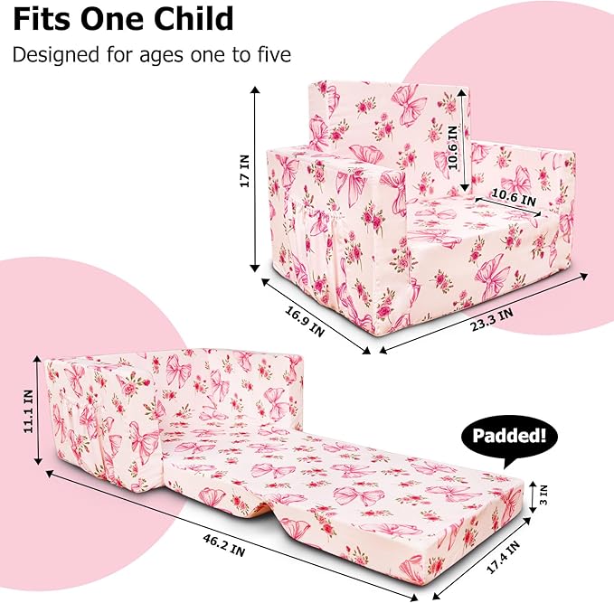 Kids Couch, 2-in-1 Kids Fold Out Couch, Convertible Sofa to Lounger - Image 2