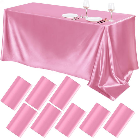 TURSTIN 8 Packs Pink Satin Tablecloth 102 x 58 Inch Overlay Satin Table Cover Rectangle Bright Silk Tablecloth Smooth Fabric Table Decoration for Wedding Banquet Party Events
