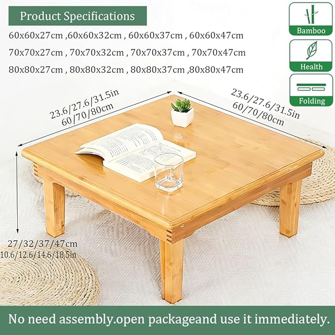 SH-tables Folding Bamboo Desk, Japanese-Style Square Table, Various Sizes - Image 2