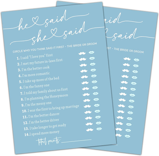 Minimalist Bridal Shower Games, Light Blue He Said She Said Game, 30 Wedding Bachelorette Engagement Party Decorations Supplies Favors - A08