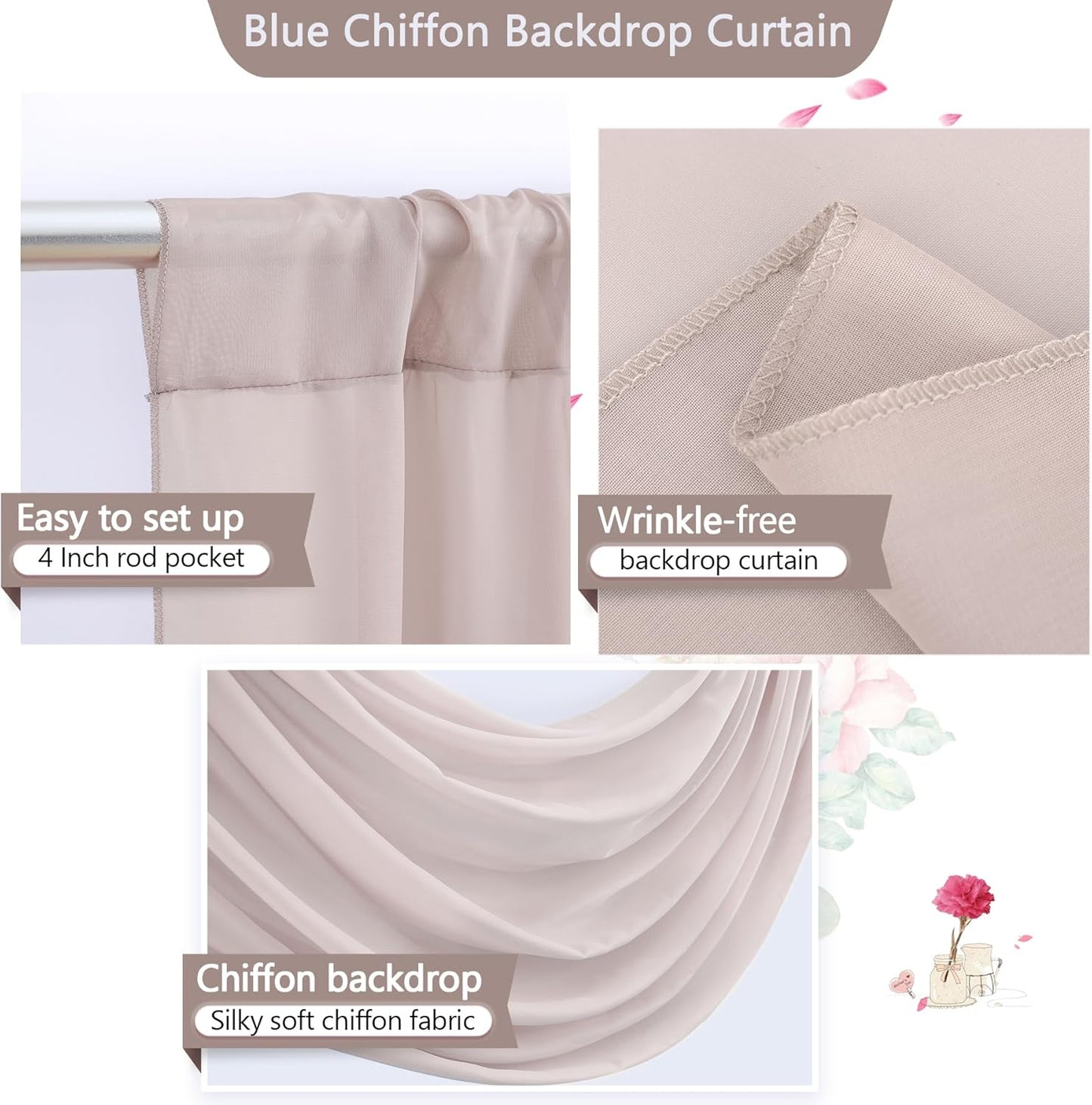 PARTISKY 10ftx10ft Taupe Chiffon Sheer Backdrop Curtains, Wrinkle-Free Wedding Backdrop Drapes for Birthday Party Ceremony Arch Stage Decor Background for Photography 5ft x 10ft,2 Panels