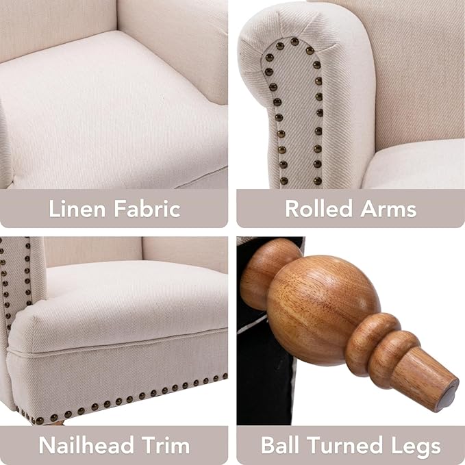 Beige Linen Fabric Accent Chairs Set of 2, Modern Farmhouse Upholstered - Image 4