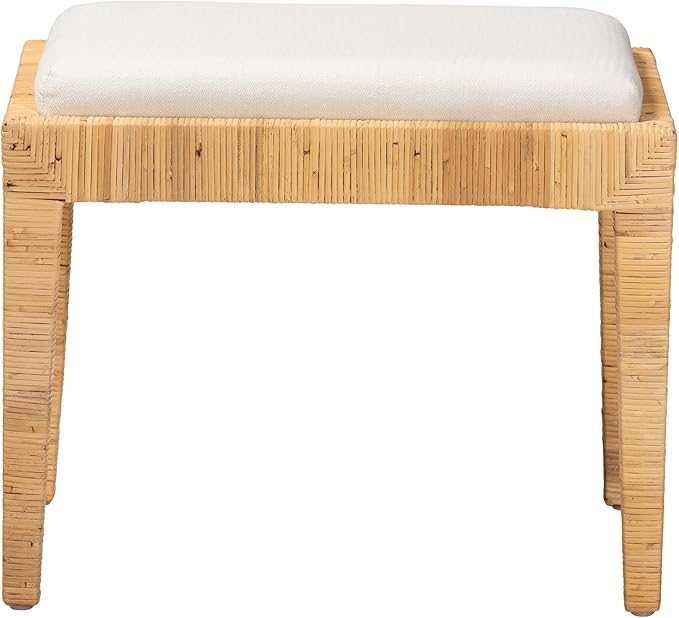 Modern Bohemian Natural Brown Rattan and Mahogany Wood Ottoman Cream Eclectic - Image 3