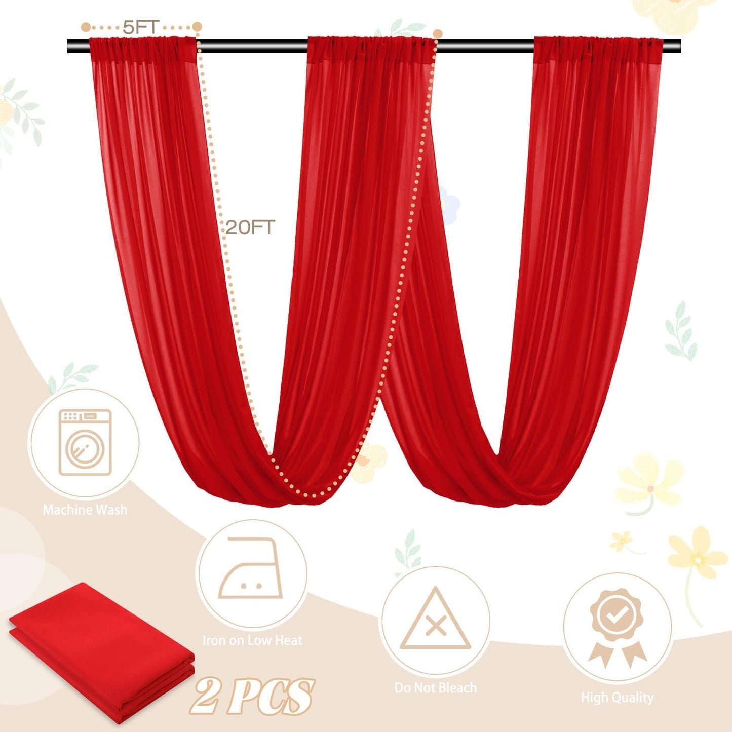FUHSY Red Ceiling Drapes for Wedding Ceiling Drapes 5FTx20FT 2 Panels Sheer Ceiling Drapes for Parties Wedding Arch Draping Fabric Chiffon Curtain Wedding Drapery Fabric Ceiling Decorations for Party