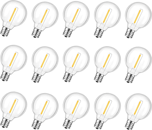 15 Pack G40 LED Replacement Light Bulbs for String Lights, Dimmable E12 Base Shatterproof Bulbs, 0.6W Equal to 5W, Warm White 2200K, Not Solar