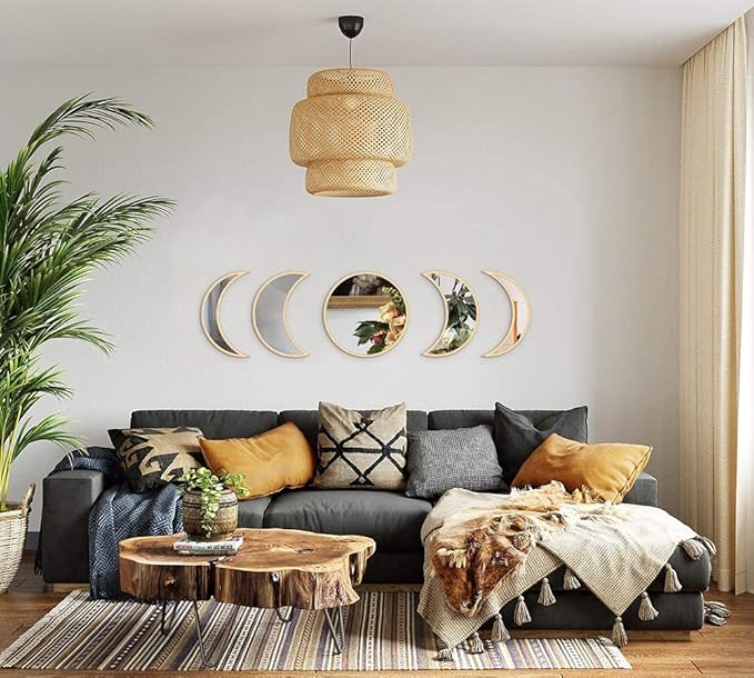 MAXROCK Moon Phase Mirror Set, 5 Piece Scandinavian Natural Decor Wall - Image 2