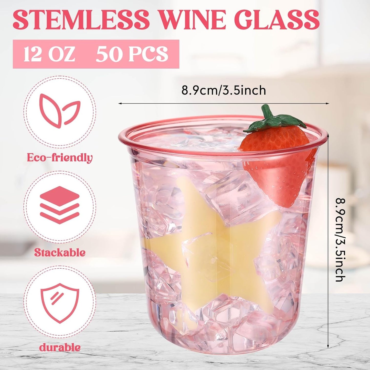 50 Pcs Disposable Stemless Glasses 12oz Crystal Plastic Wine Glasses Clear Classic Pet Cup for Meeting Weddings Birthdays Cocktail Christmas Party Supplies (Pink)