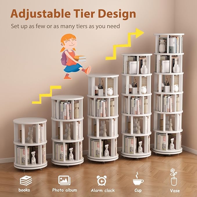 Muwuele Solid Wood Rotating Bookshelf on Wheels, 6 Tier, Round Revolving - Image 7