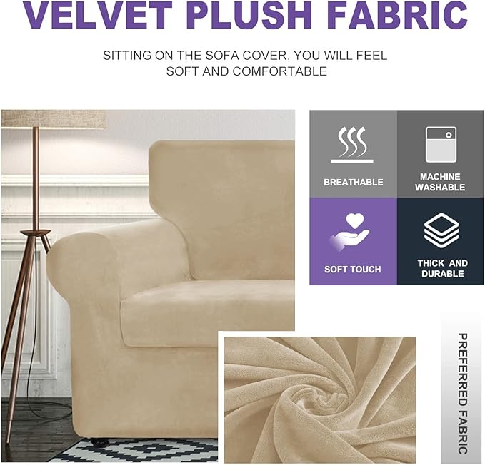 ZNSAYOTX Oversized Velvet Couch Cover 4 Piece Stretch Sofa Covers - Image 3
