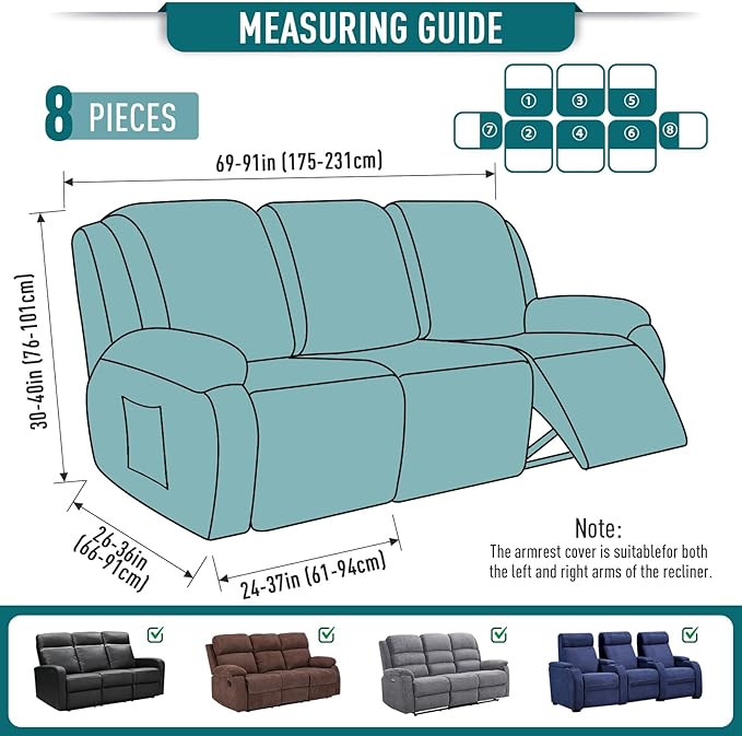 TAOCOCO Recliner Sofa Covers 8-Pieces Stretch Large Couch Covers - Image 5