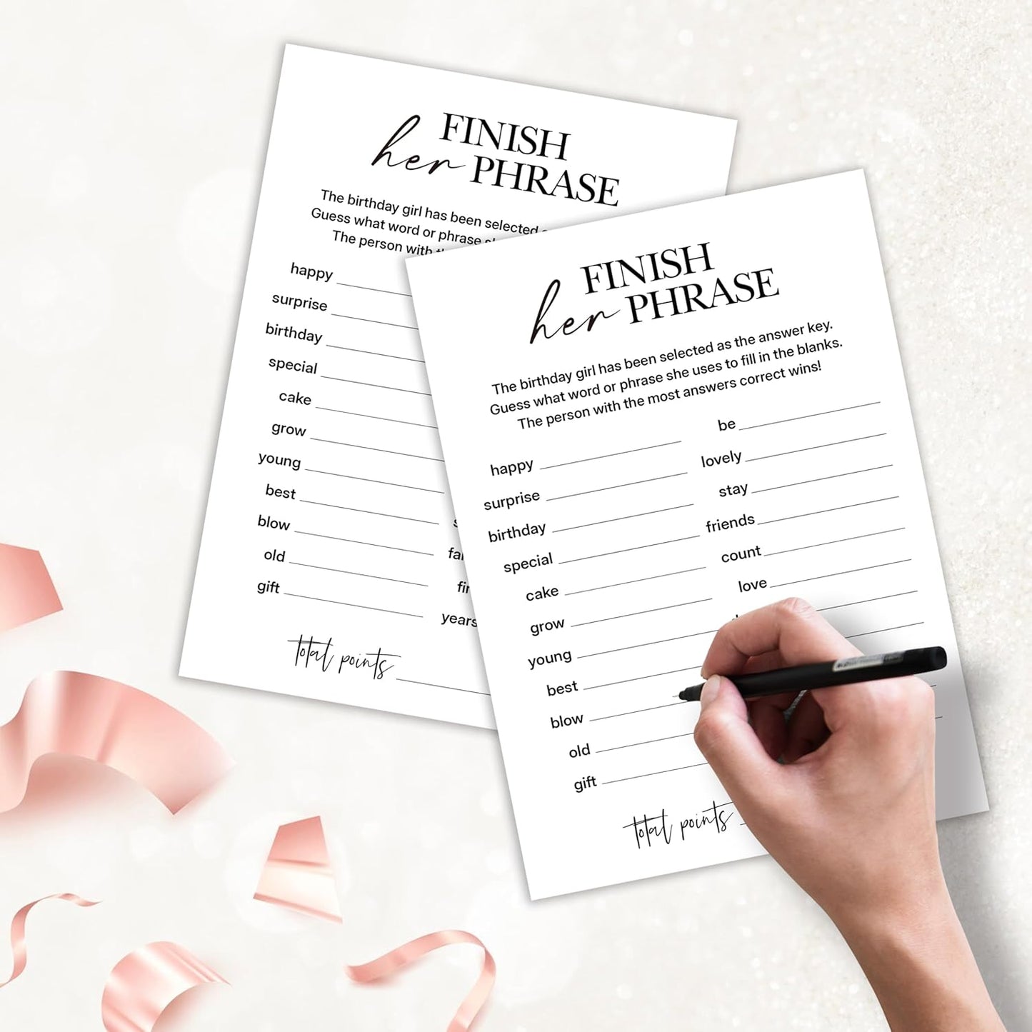 Birthday Party Games, Finish Her Phrase, 25 Pcs Card Set for Guests, Fun Birthday Game for Teen Adults – A01