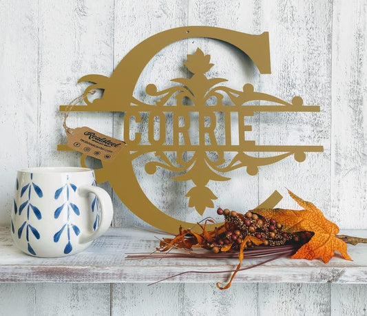 RealSteel Metal Split Letter Monogram - Personalized Metal Decor - Custom Last Name Sign - Monogram - Welcome Sign - Indoors or Outdoors (16", Gold)