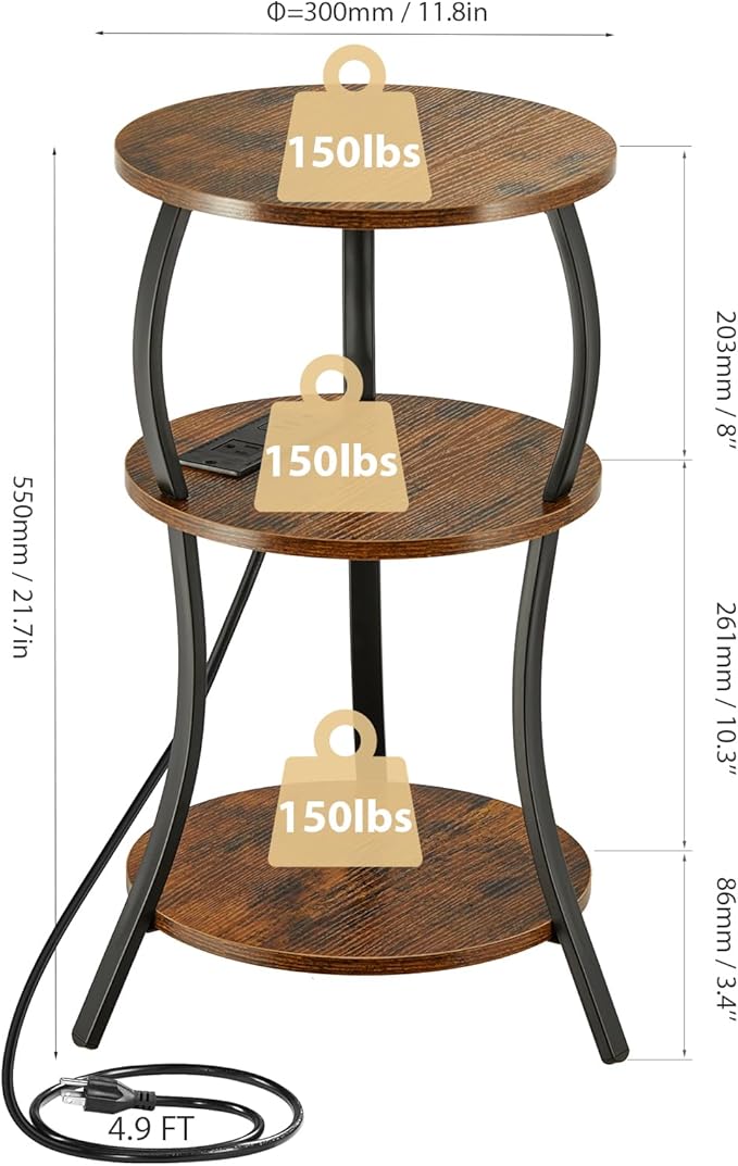 Small Round Side Table with Charging Station, 3-Tier Waist Circular End Table - Image 3