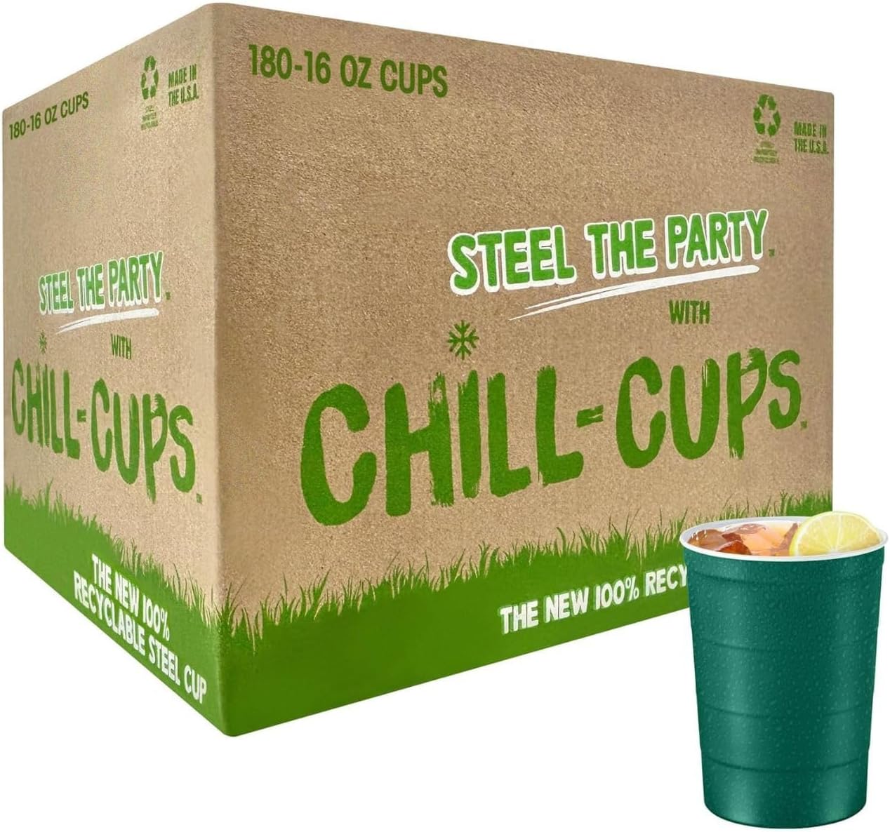 16 oz. Party Cups, Perfect for Cold Drinks, Sturdy & Durable, Disposable and 100% Recyclable, Made in USA, Green, 180 Count