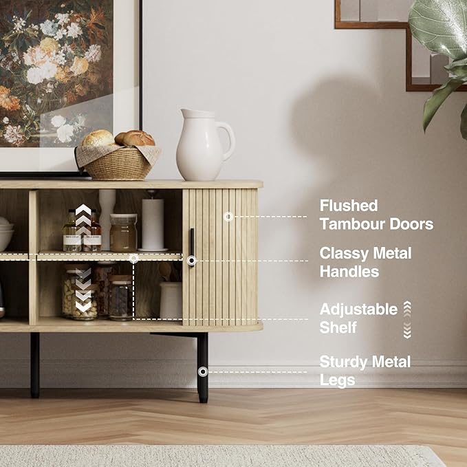 55''W Natural Storage Cabinet, Media Console, Tambour TV Stand, Television - Image 6