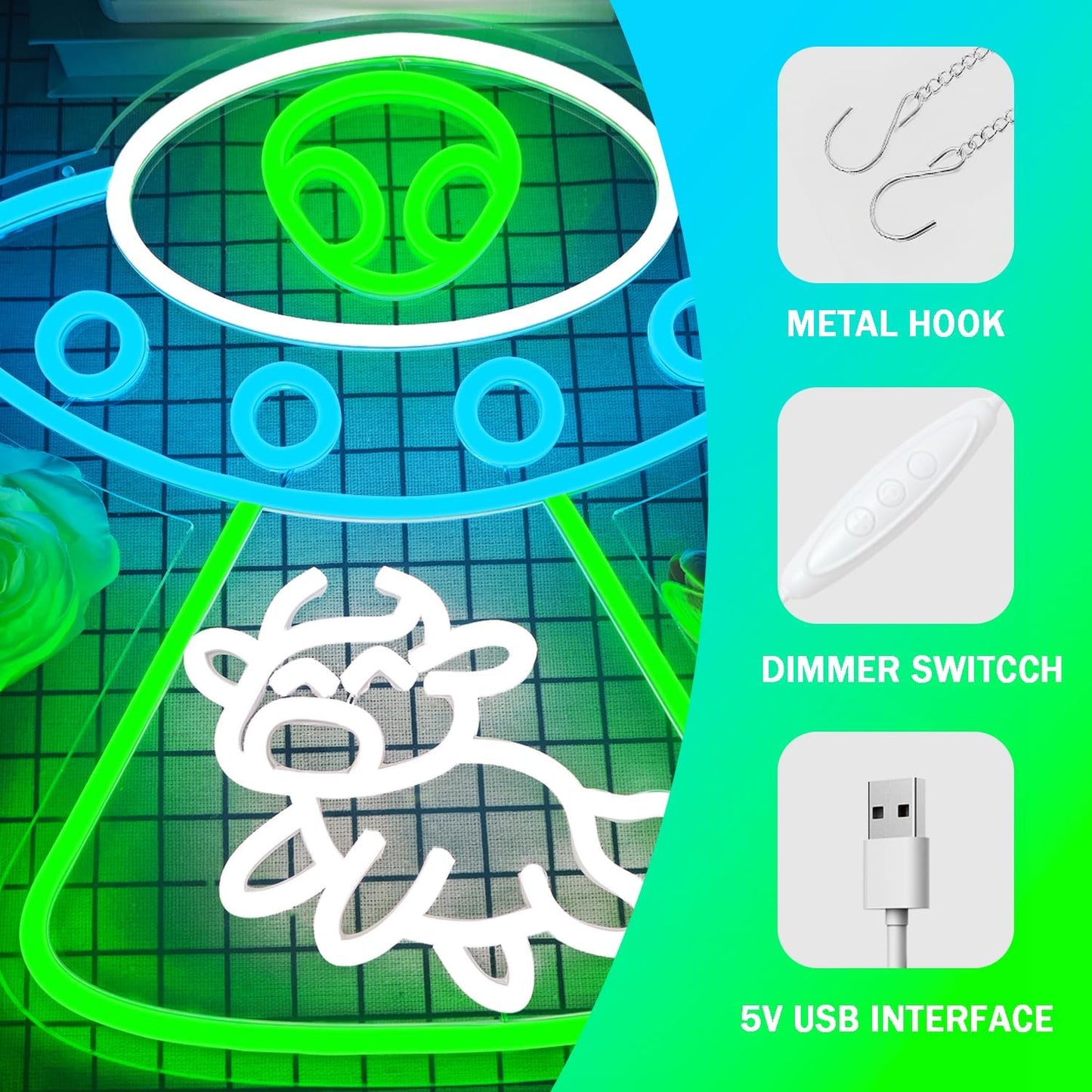 Alien Neon Sign Dimmable UFO Neon Signs for Wall Decor Bedroom Man Cave Alien Spaceship Cow Neon Sign for Kids Birthday Gift