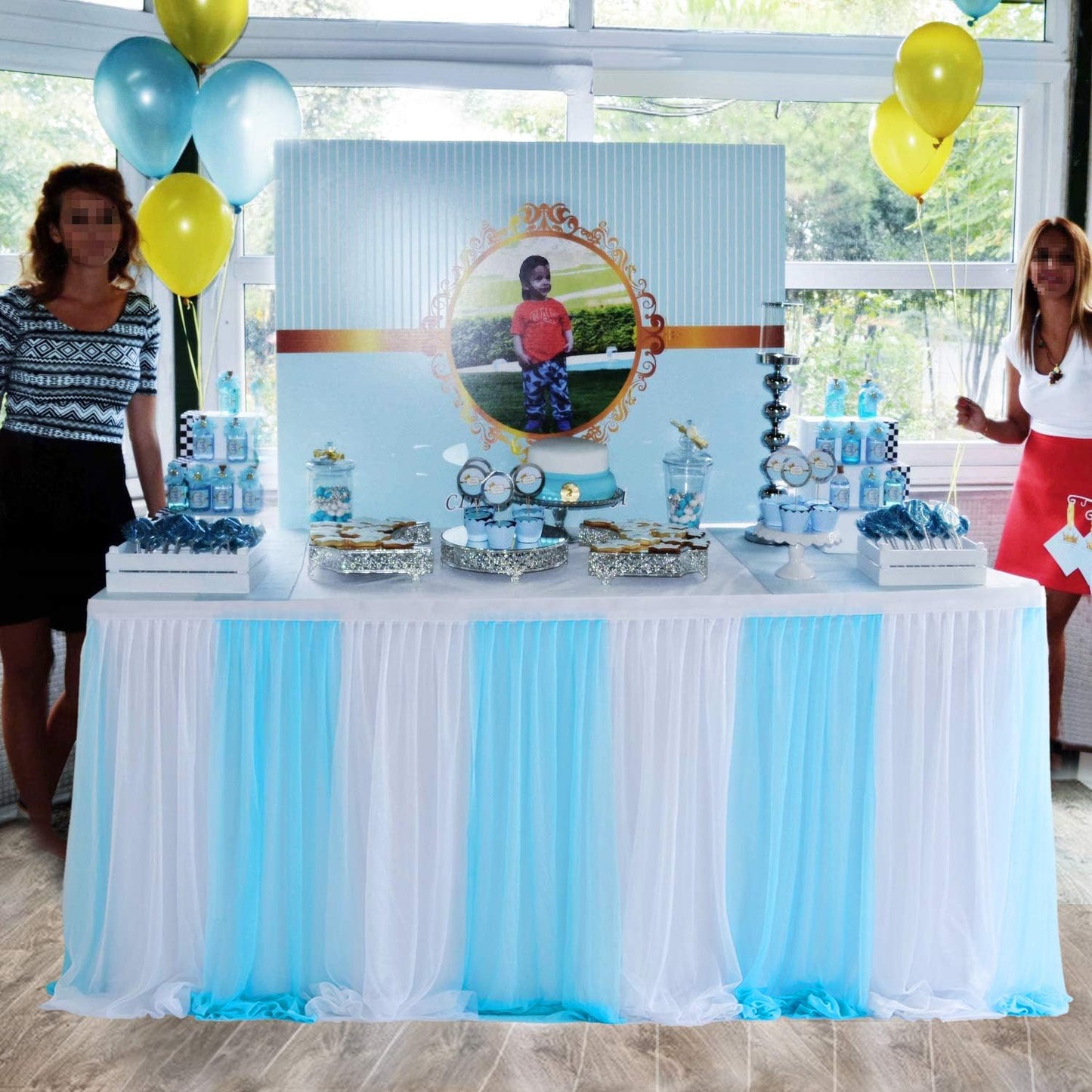 Suppromo Baby Blue Tulle Table Skirt for Rectangle Tables 9ft Tutu Tablecloth for Baby Shower Boy Birthday Party Cake Dessert Buffet Banquet Table Decorations