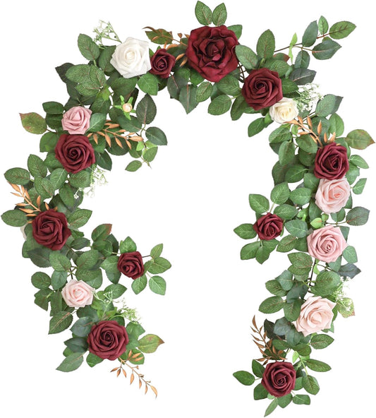 Lookein Artificial Rose Flower Garland Greenery Garland 5FT for Wedding Ceremony Backdrop Arch Flowers Table Centerpieces Decorations, Burgundy
