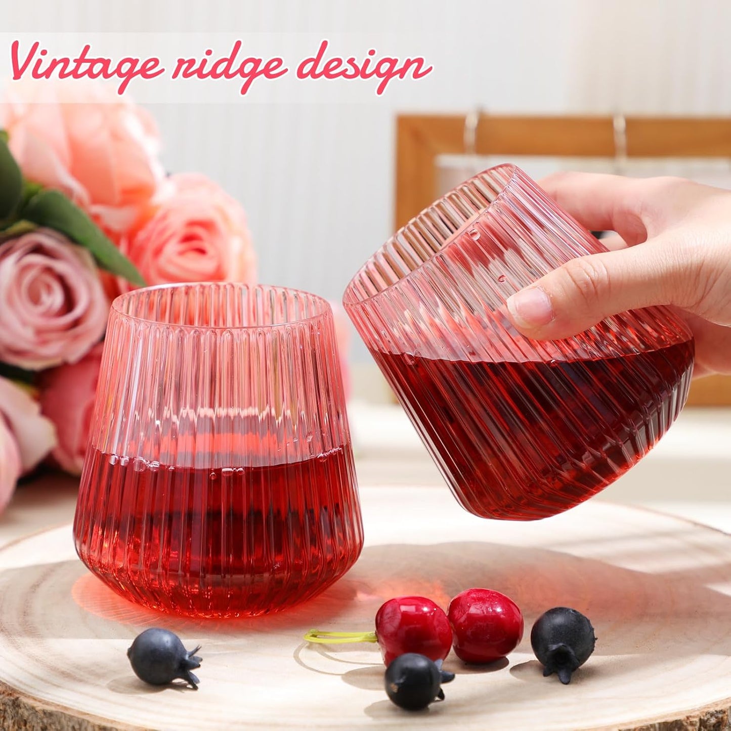 Suclain Plastic Wine Glasses Ribbed Stemless Wine Glasses 14oz Vertical Design Unbreakable Cups for Outdoor Indoor Vintage Elegant Champagne Whiskey Cups for Party Wedding(Pink,100 Pcs)