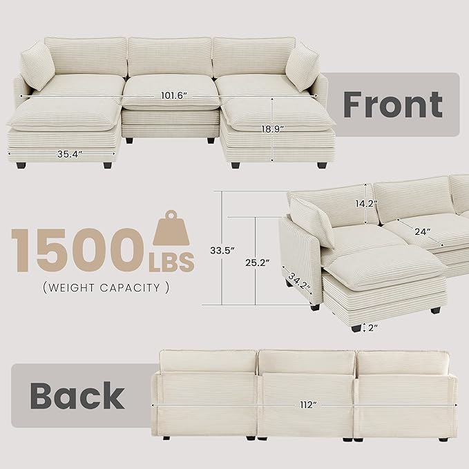 112'' Sectional Modular Cloud Couch, Oversized 5 Seat Couches U Shaped Sofa - Image 2