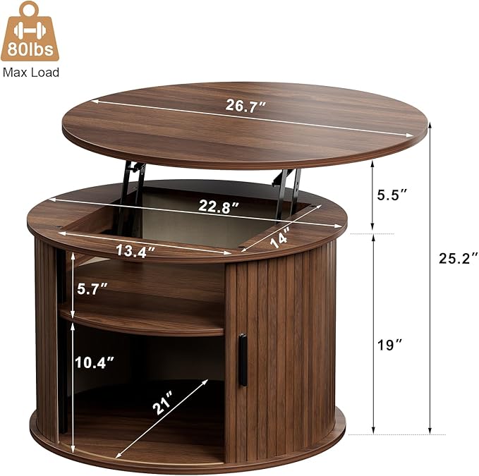 FABATO Round Lift Top Coffee Table, Fluted Wood Accent Coffee Table - Image 2