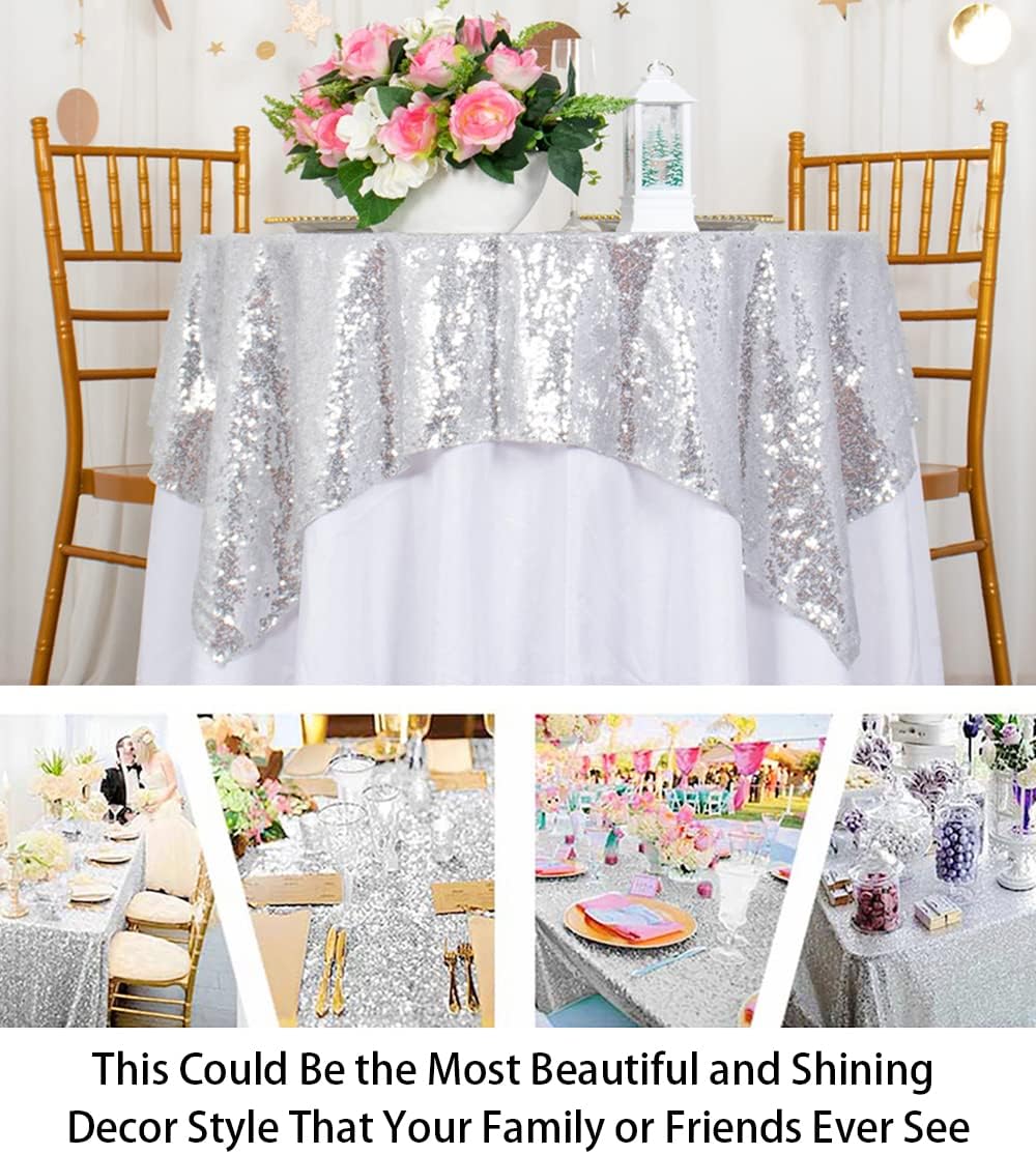 ShinyBeauty Sequin Tablecloth 36x36-Inch-Silver Square Glitter Table Cover Silver Table Cloths for Parties-190626J