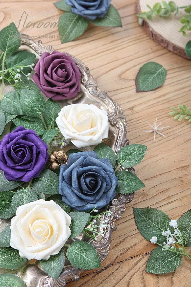 Floroom Artificial Flowers 50pcs Real Looking Dark Purple Foam Fake Roses with Stems for DIY Wedding Bouquets Bridal Shower Centerpieces Floral Arrangements Party Tables Home Decorations