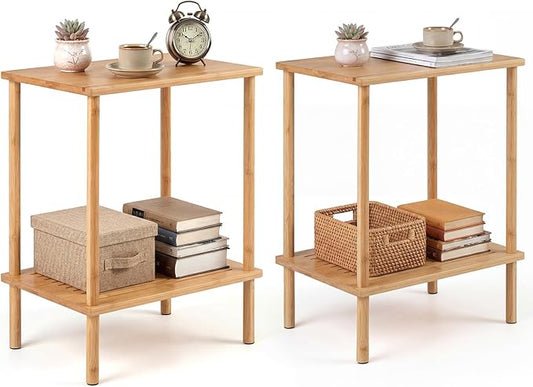 Giantex Bamboo Side Table Set of 2, 2-Tier Sofa End Bedside Table w/Storage by Giantex