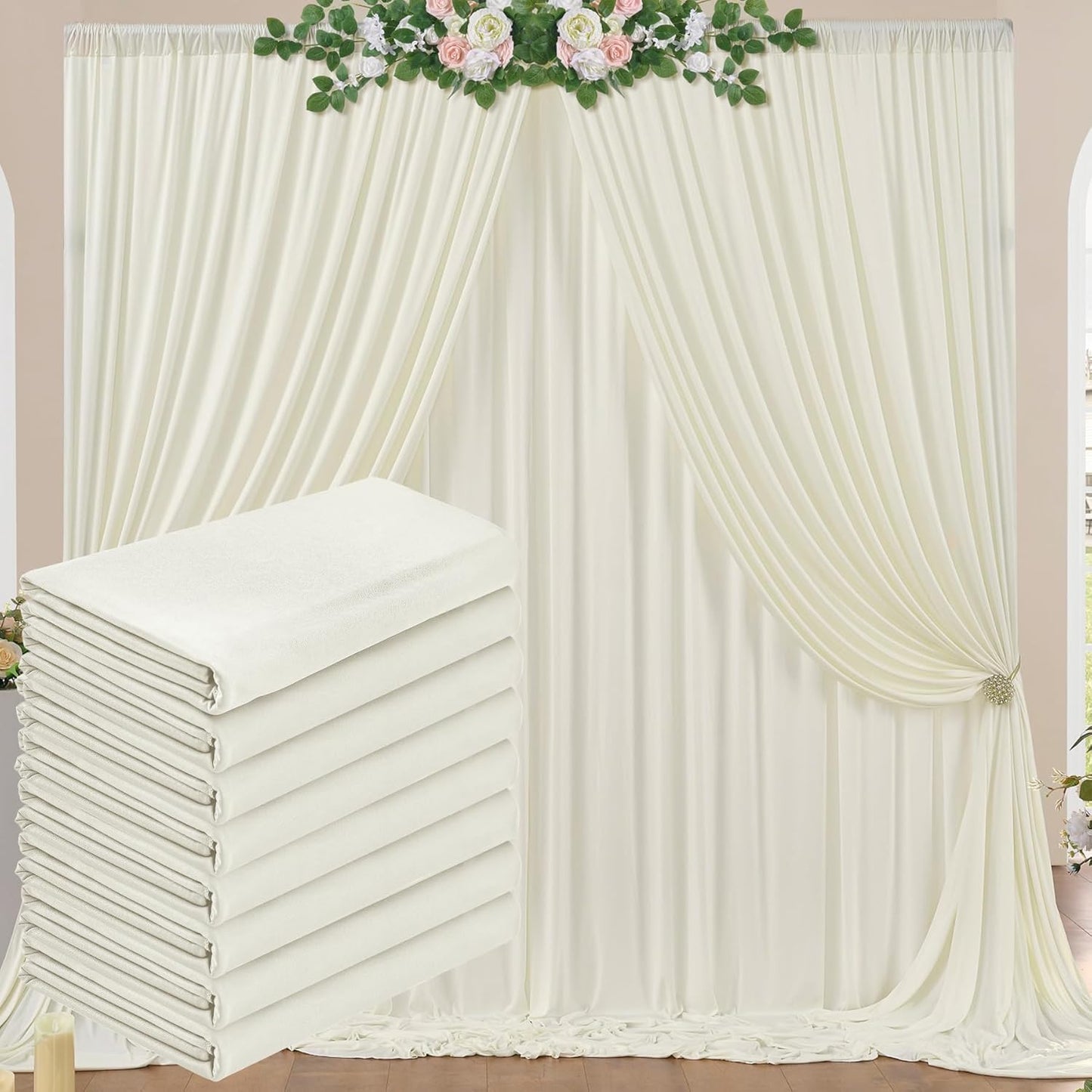 40 ft x 10 ft Wrinkle Free Ivory Backdrop Curtain for Wedding Parties, Polyester Ivory Photo Backdrop Drapes 8 Panels 5x10ft for Baby Shower Photoshoot Engagement Birthday Party Photography Background