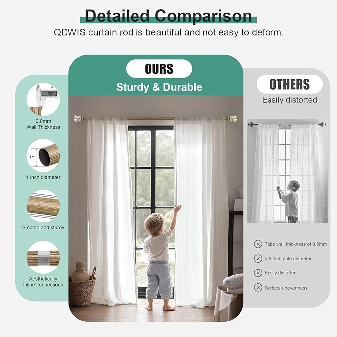 QDWIS Boho Wood Curtain Rods for Windows 72 to 144 inch, Rustic Decorative - Image 3