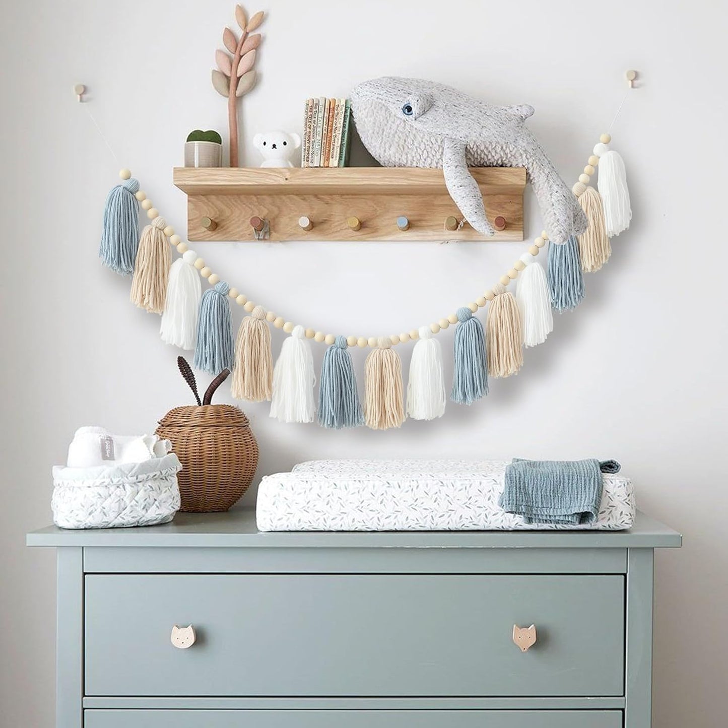 Boho Tassel Garland Wall Hanging with Wood Beads Blue Tassel Garland for Baby Shower Kids Room Bedroom Nursey Back to School Decorations