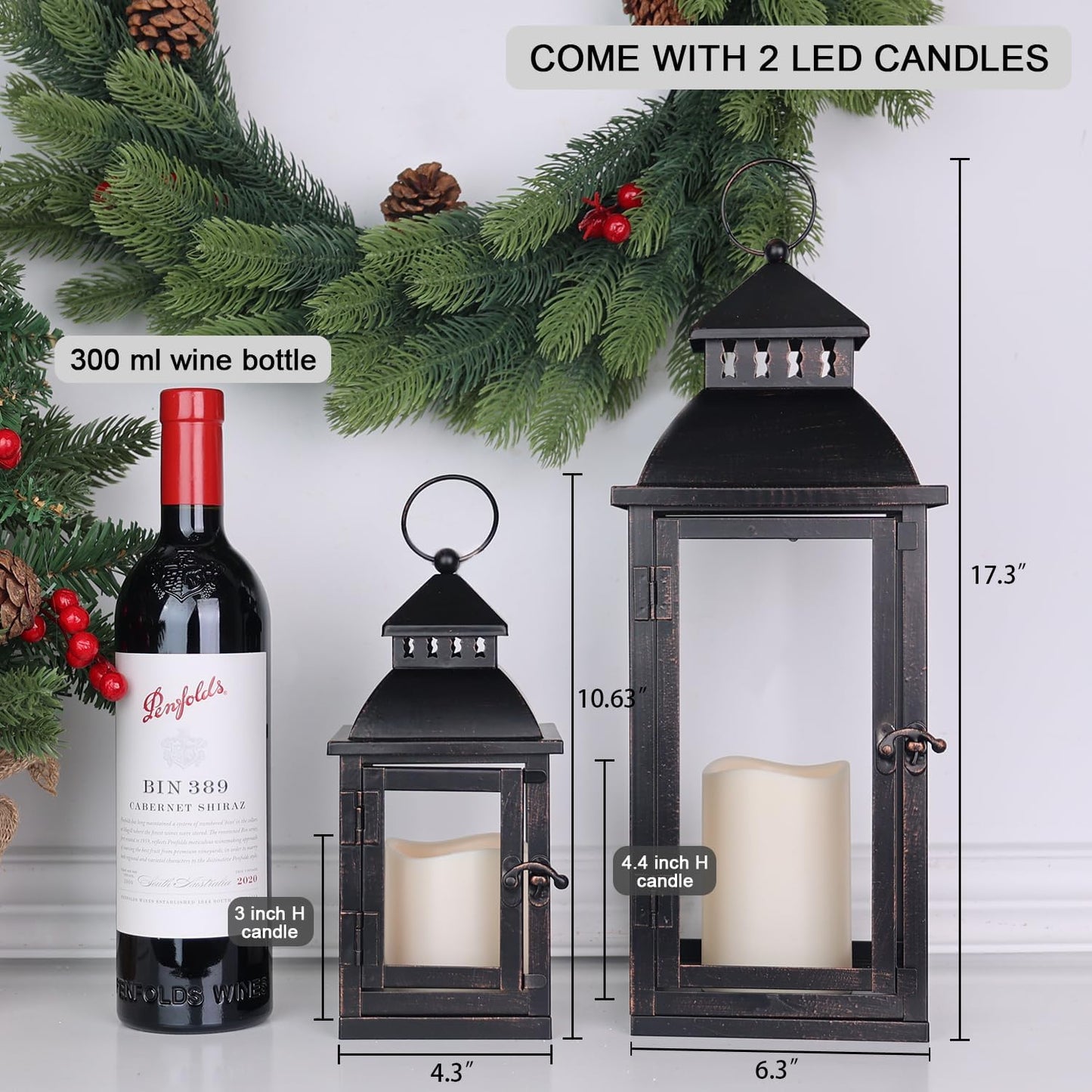 NEEDOMO LED Lanterns Decorative Outdoor&Indoor, Set of 2 Large Bronze Metal Lantern Decor with LED Candle, Lantern Decor for Porch, Patio, Garden, Balcony, Wedding, Spring Decorations (NO Glass)