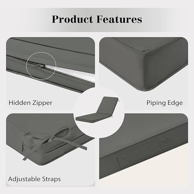 Chaise Lounge Cushions Outdoor, 4 Adjustable Ties Lounge Chair Cushions - Image 3