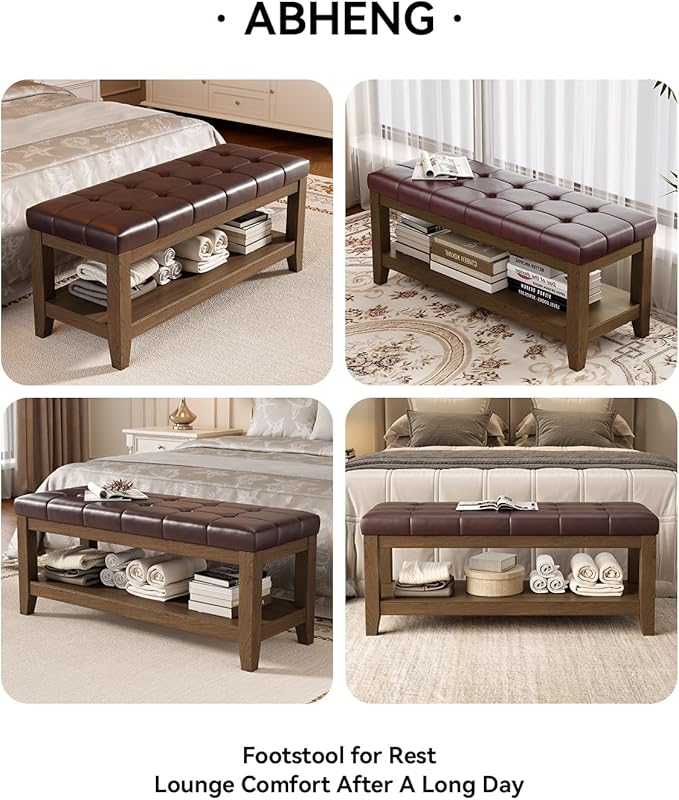 ABHENG Solid Rubber Wood Shoe Bench, Easy-Clean PU Upholstered Seat, 770LB Load - Image 5