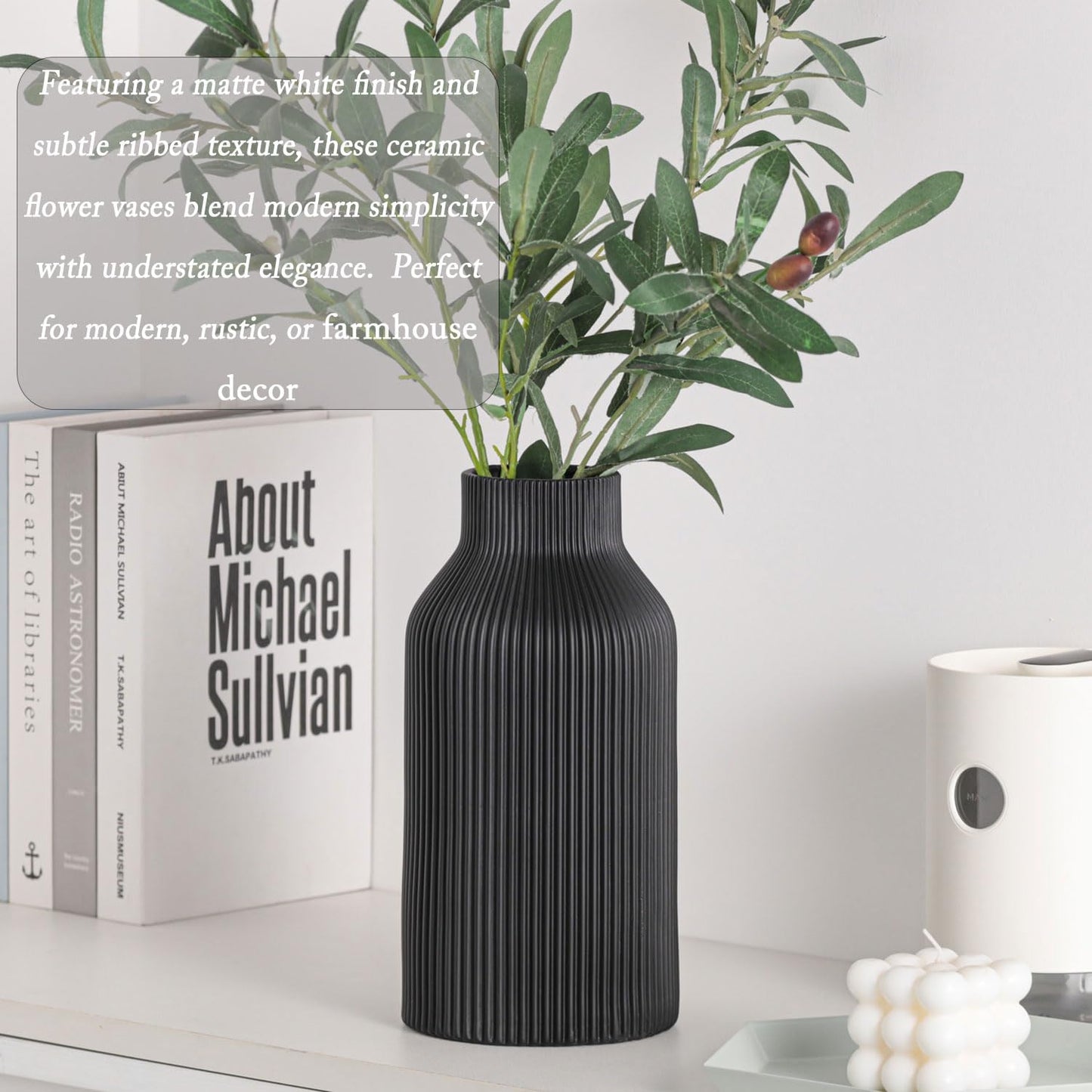 10 Inch Black Ceramic Vase for Decor,Minimalist Modern Home Decorative Large Flower Vase for Pampas Grass,Bookshelf, Living Room, Shelf, Bedroom, Bathroom, Entryway Mantel Decor