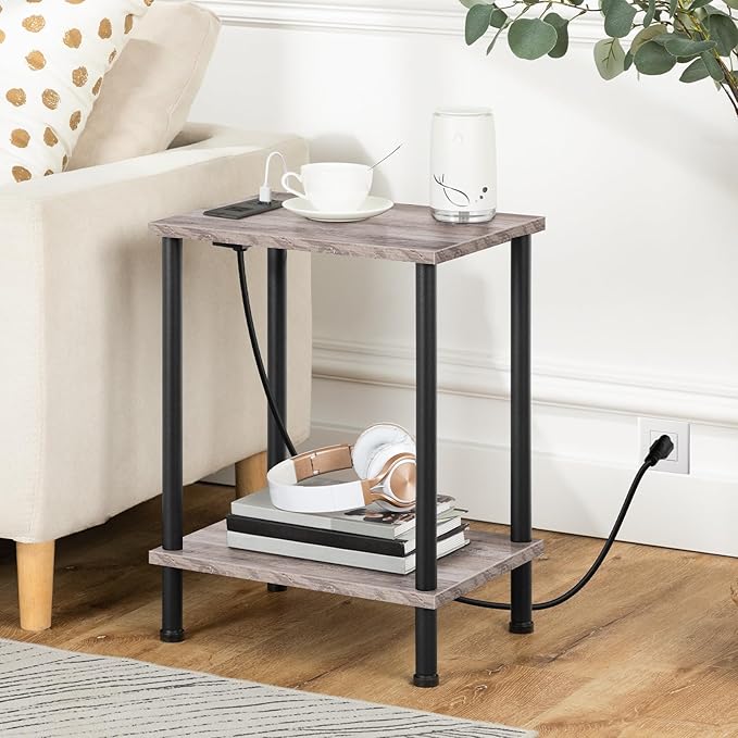 HOOBRO Side Table with Charging Station, Nightstand with 2-Layer Storage Shelves - Image 5