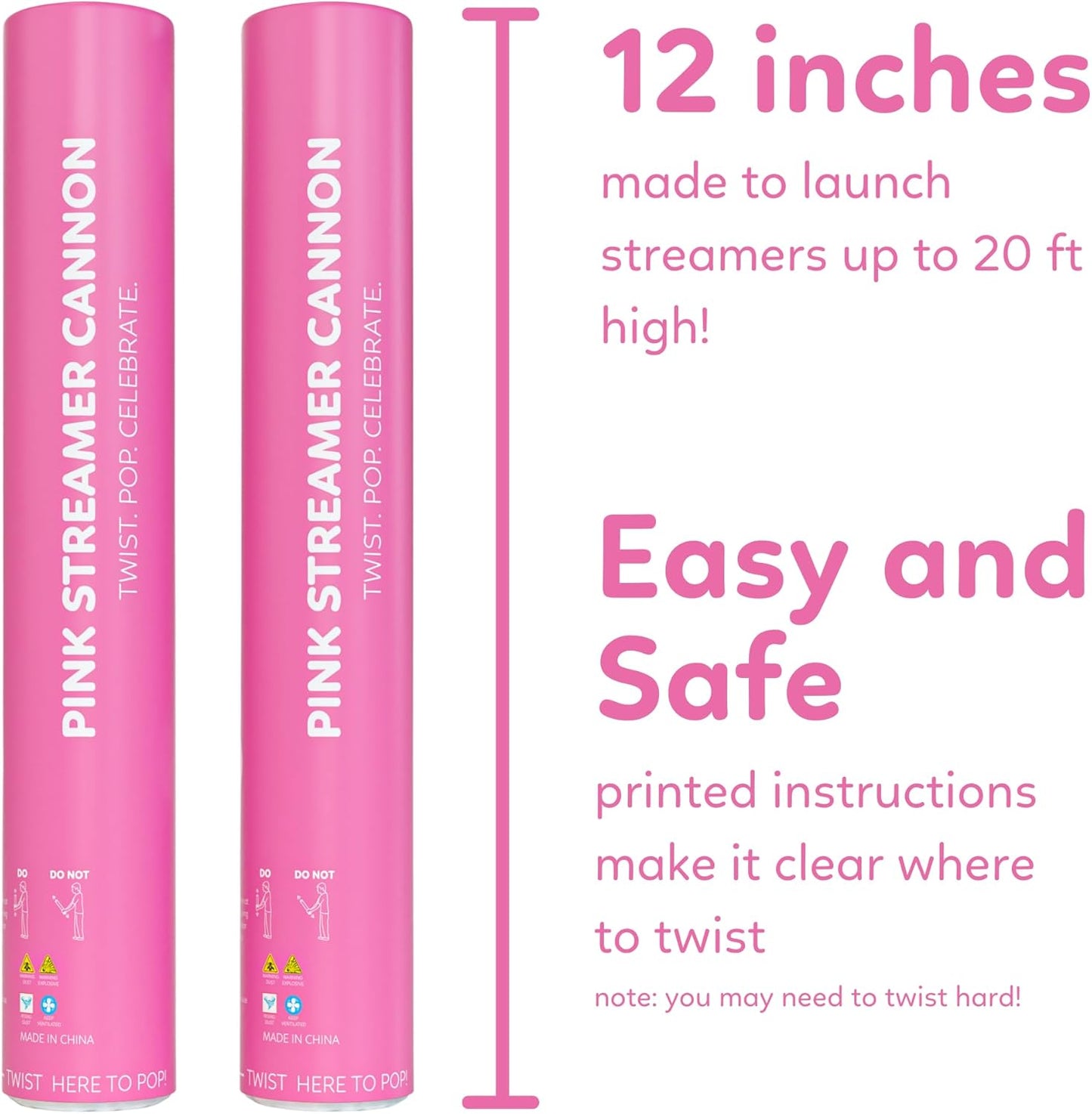 Pink Streamer Cannon Poppers | 2 Pack | Biodegradable Pink Streamers | TUR Party Supplies | Up to 25ft | Giant (12”) | Party Poppers for Graduation, Birthdays, and Bachelorette & Princess Parties