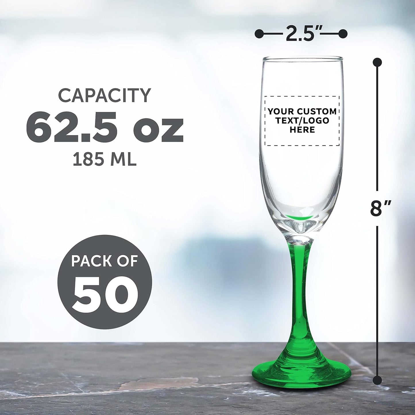 DISCOUNT PROMOS Custom Premiere Champagne Flutes 6.25 oz. Set of 50, Personalized Bulk Pack - Elegant Drinkware for Weddings, Events, & Promotional Gifts - Green