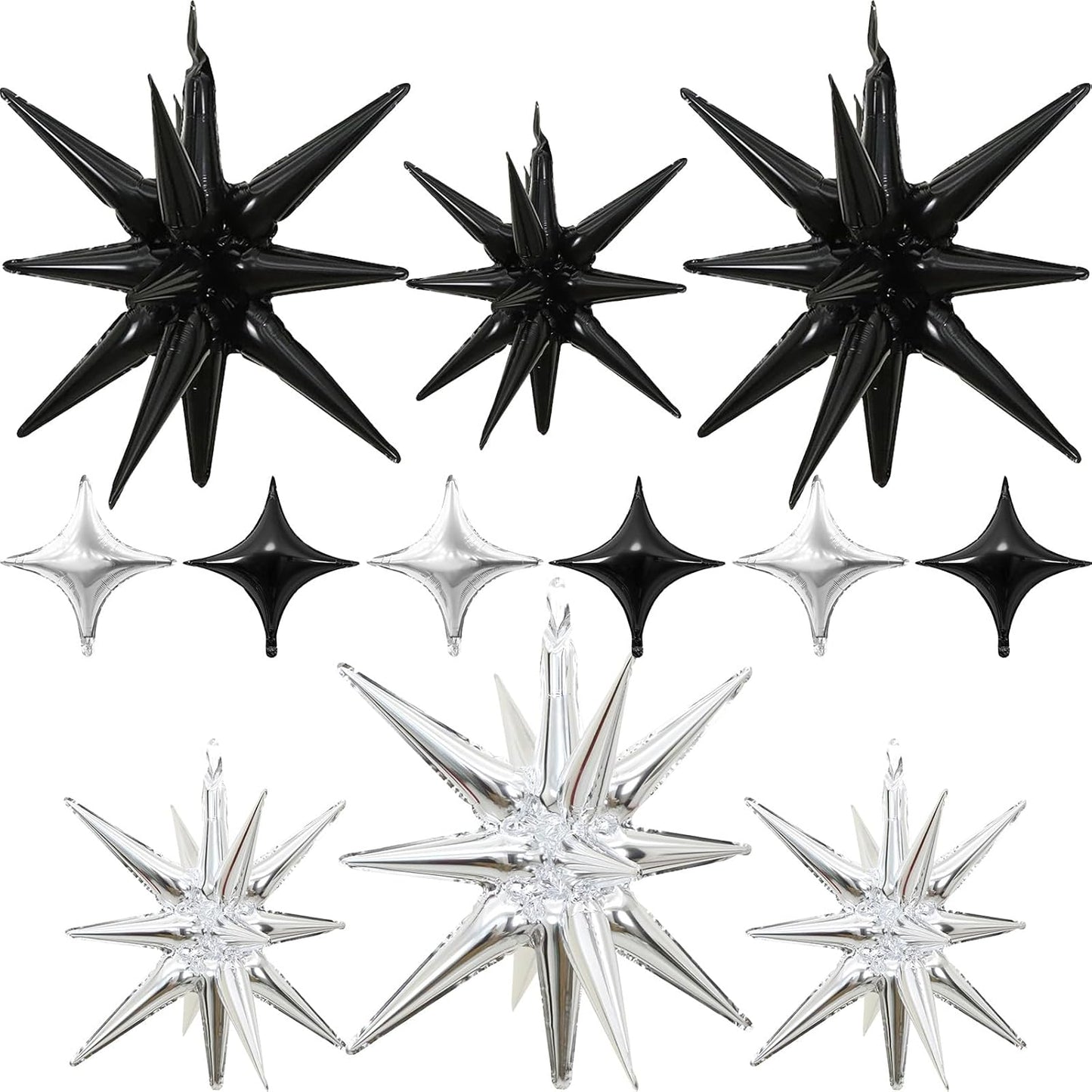 Black Silver Star Balloons 12pcs, 27/22 Inch Foil Star Explosion Balloons, Large Spike Mylar Cone Balloon, Fireworks Shape Balloon Decor for Bachelor Retirement Anniversary Graduation