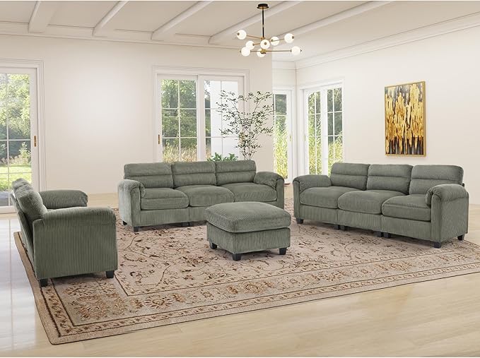 HAOMARKETS Corduroy Sofa Set, Upholstered Ottoman, Modern Loveseat and 3-Seater by HAOMARKETS