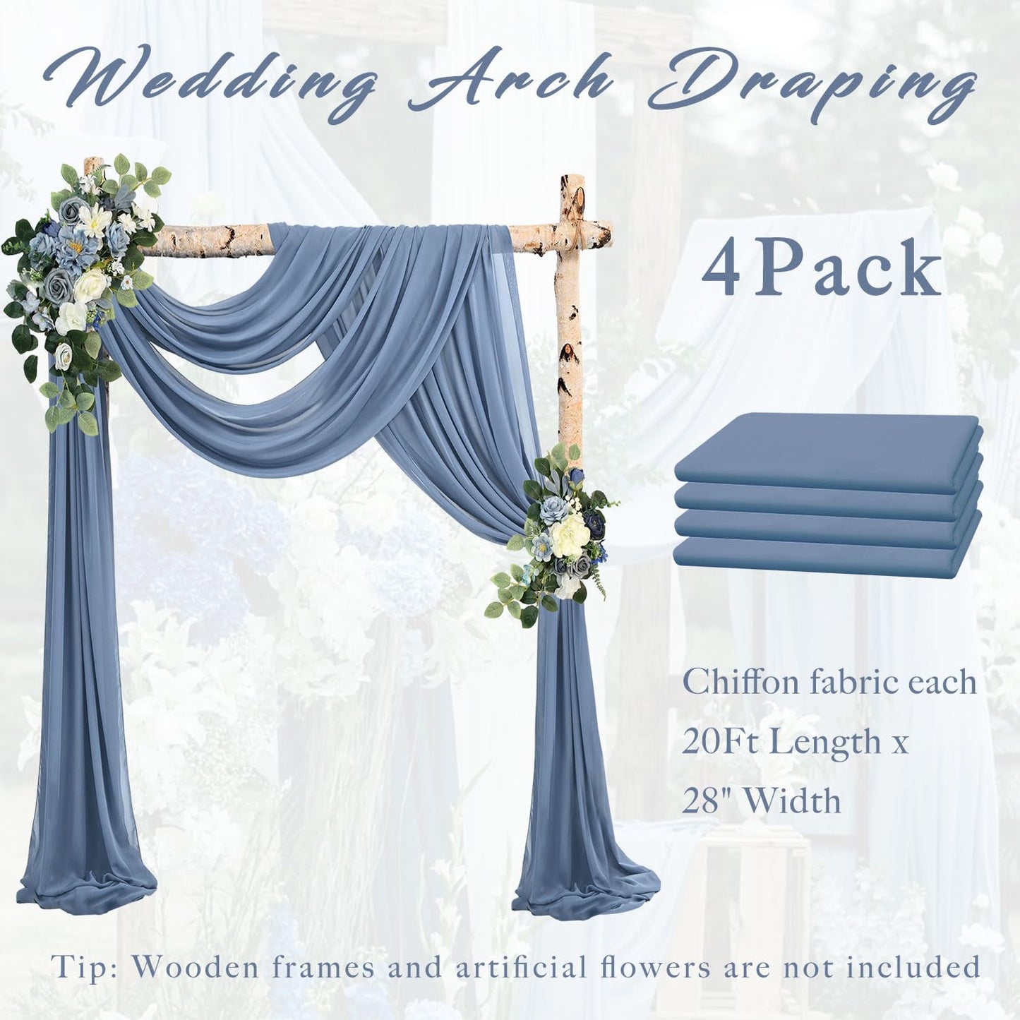 20Ft Length x 28" Width 4 Panels Wedding Arch Draping Fabric Dusty Blue Arch Drapes Chiffon Fabric Sheer Curtains Backdrop for Party Bridal Decorations Wedding Ceremony Ceiling Stage Reception Decor