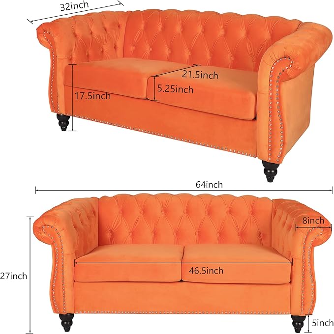 ORRD 2 Piece Living Room Set, Velvet Chesterfield Sofa Loveseat Couch - Image 5