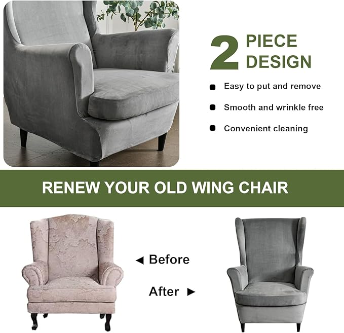 HAOYONG Velvet Wingback Armchair Covers 2-Piece Elastic Stretch Wingback Chair - Image 7