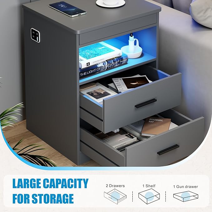 LED Night Stand with Gun Drawer, Bedside Table with Charger Station & Human - Image 7