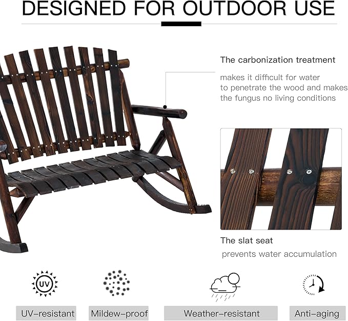 Outsunny Outdoor Wooden Rocking Chair, Double-Person Rustic Adirondack Rocker - Image 5