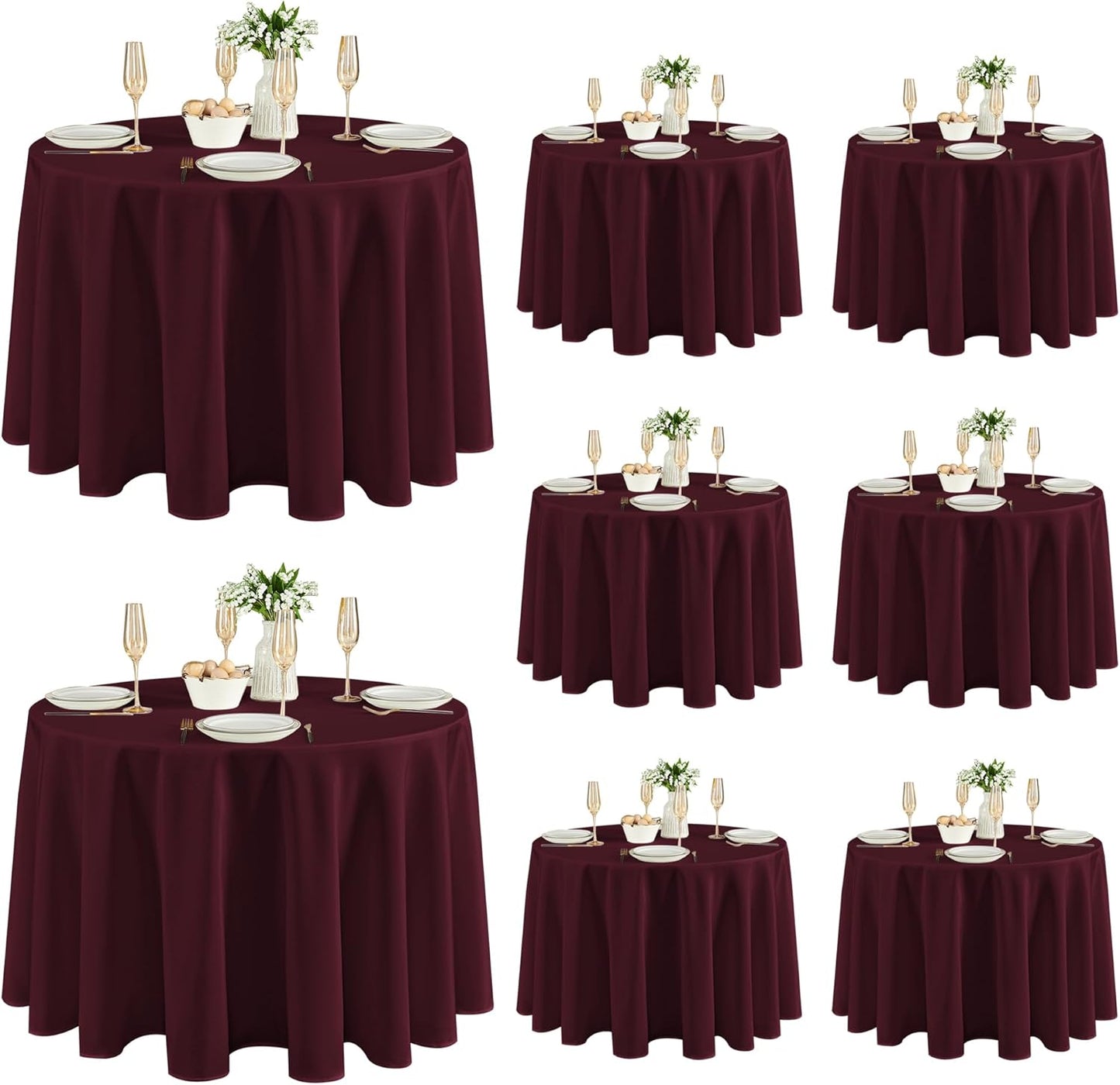 Fitable 8 Pack Round Tablecloths: Stain Resistant Wrinkle Free Circle Table Clothes, Washable Reusable Polyester Table Covers for Wedding Party Birthday Banquet Reception(Burgundy, 120 Inch)