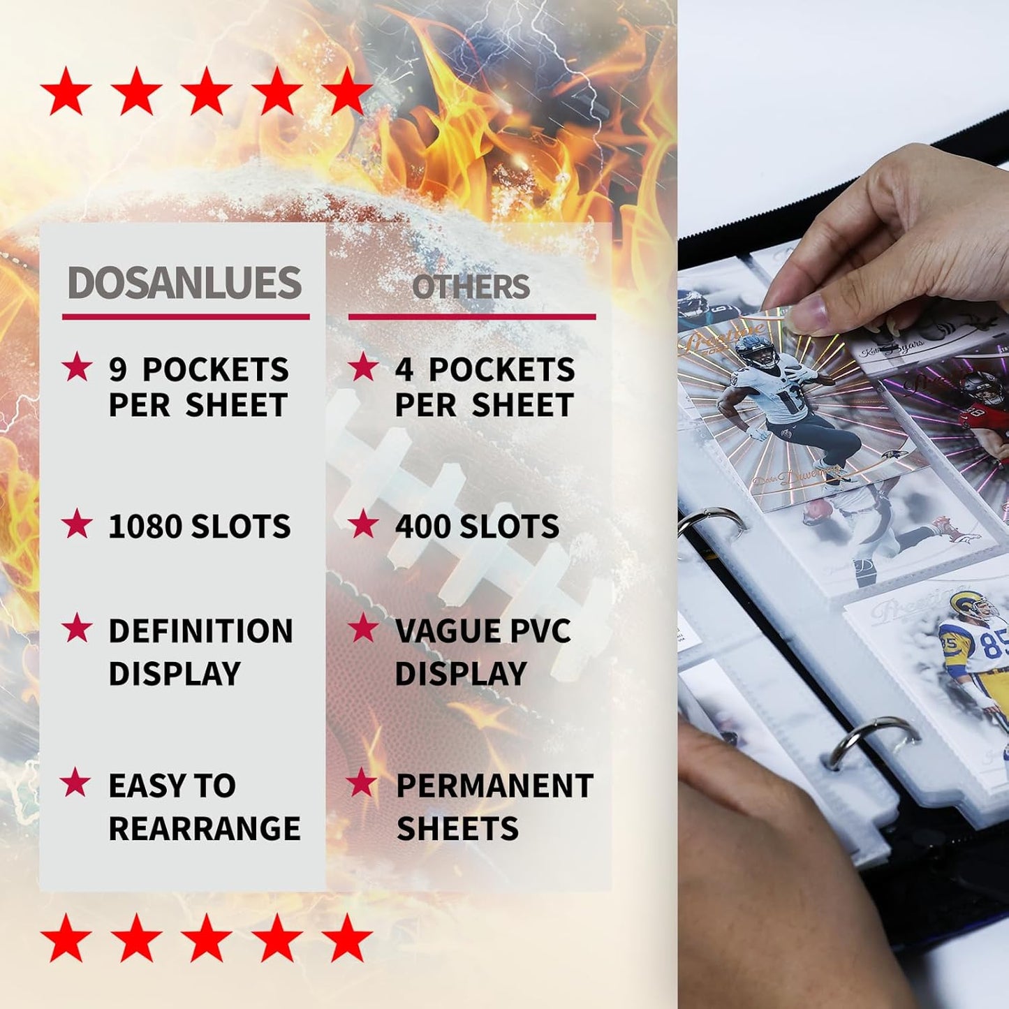 1080 Pockets Football Card Binder 9 Pocket, Trading Card Binder with 60 Page Removable Sleeves, Zipper Card Book Album Holder[PROTECTIVE][PLEASANT TOUCH SURFACE]