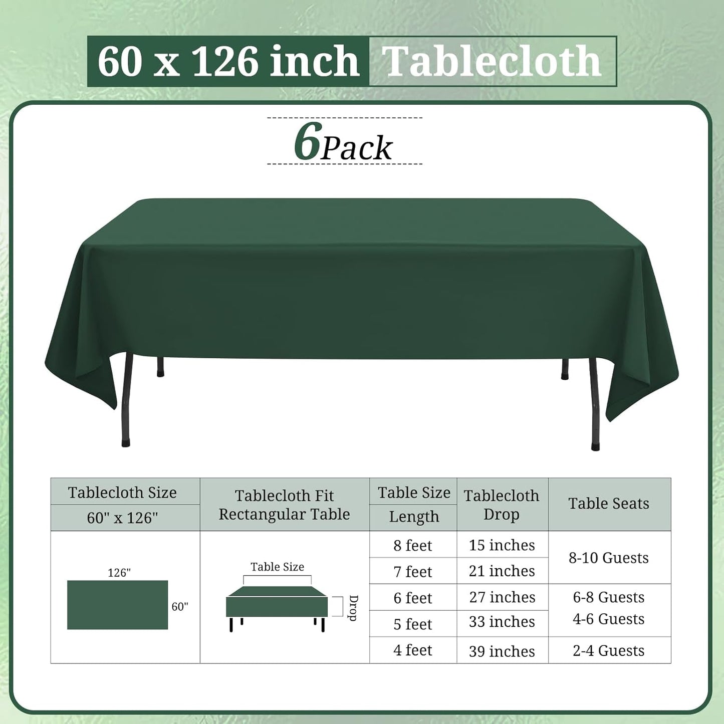 6 Pack Hunter Green Tablecloths for 8ft Rectangle Tables 60 x 126 Inch - Polyester Table Cover Stain and Wrinkle Resistant Washable Fabric Table Clothes for Wedding Party Banquet Reception Restaurant