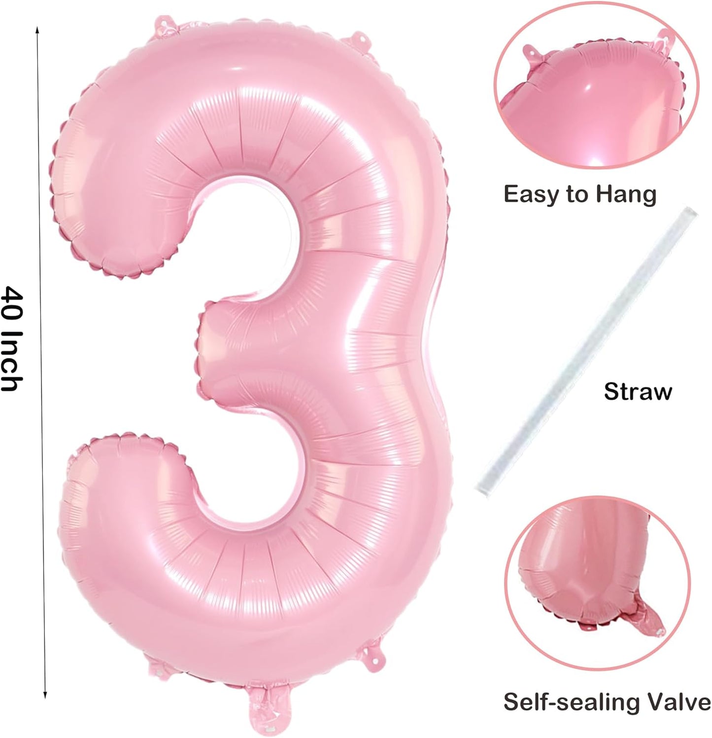 Light Pink 3 Number Balloon, 40 Inch Jumbo Pearl Light Pink Helium Foil Number 0-9 for Girls, Self Inflating 3rd Birthday Balloon for Girl Anniversary Graduation Princess Party Decorations Supplies